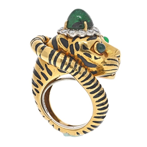 David Webb 18K Yellow Gold Green Emerald Tiger Ring - Picture 2 of 5